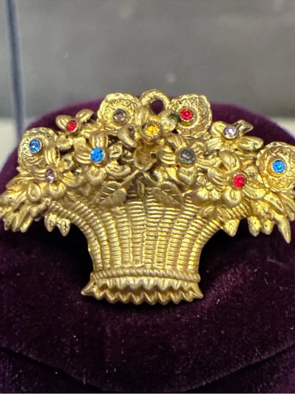 Vintage Gold Tone Flower Basket Brooch Multicolor Rhinestones Boho